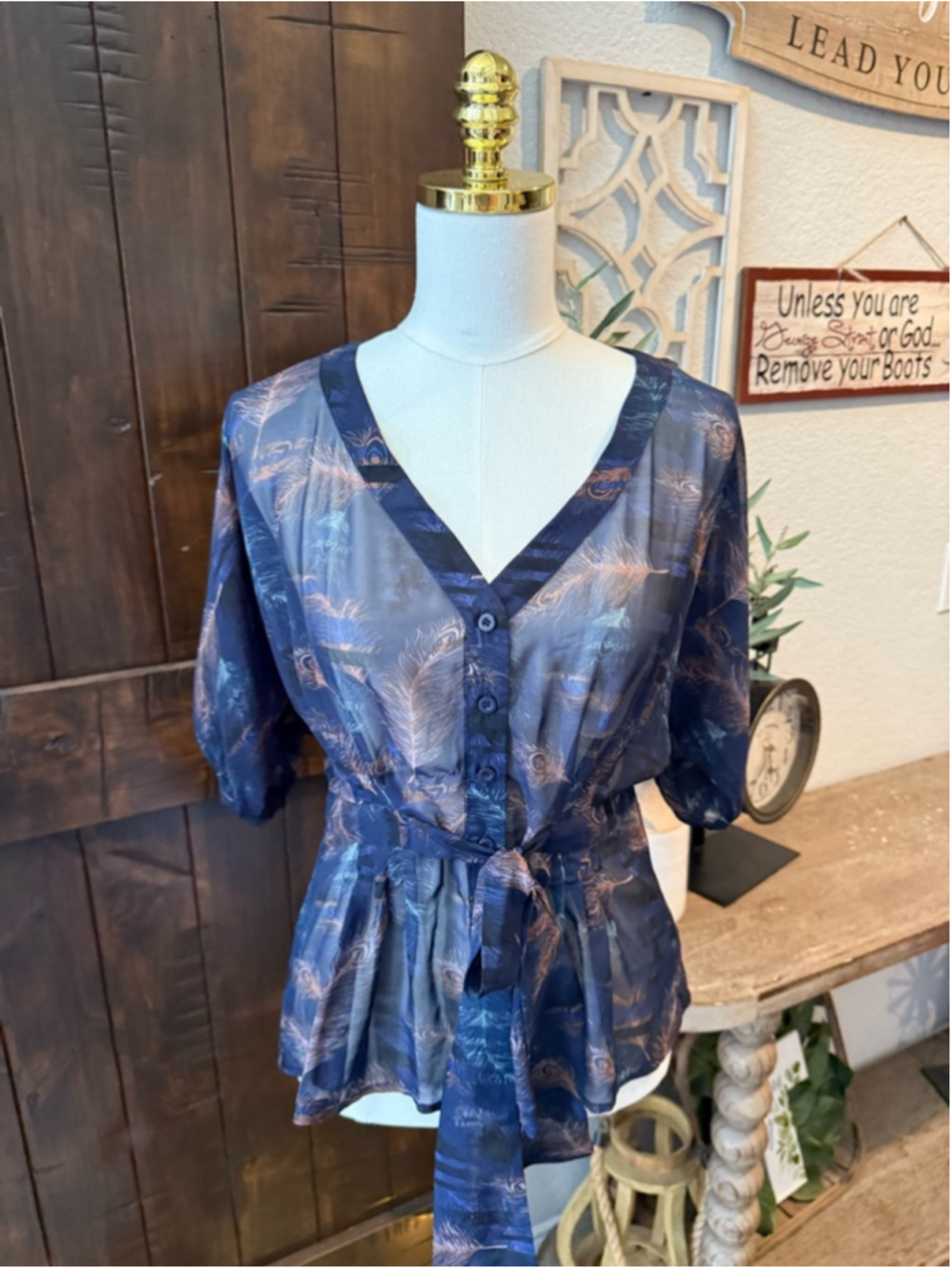 Vintage Forever 21 Navy Feather Print Tie Waist Top Boho Peplum Flowy Blouse Y2K